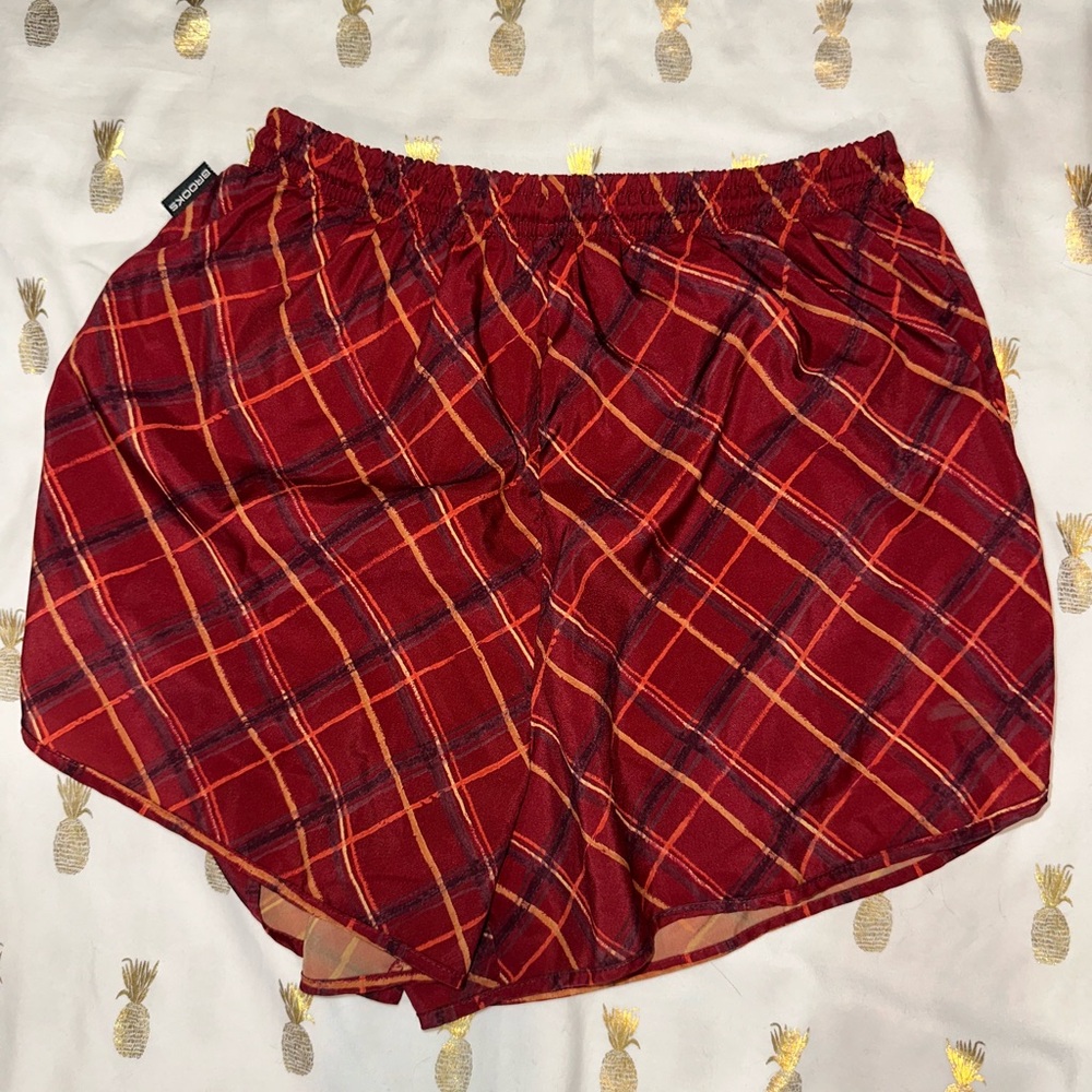 Brooks Running Active Shorts Ladies Size Small. Burgundy/yellow plaid. Lined EUC